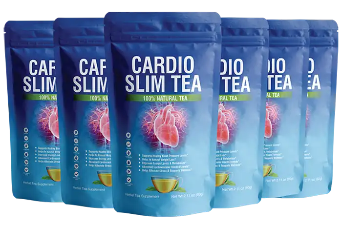 Cardio Slim Tea Official USA Cardio Slim Tea bottle and tea bag - all-natural heart health and weight loss supplement made in USA